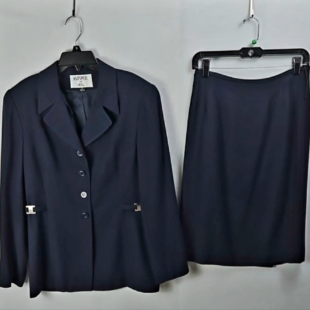 Kasper Women's Midnight Navy‎ Blue 2pc Skirt Suit Set Sz 8